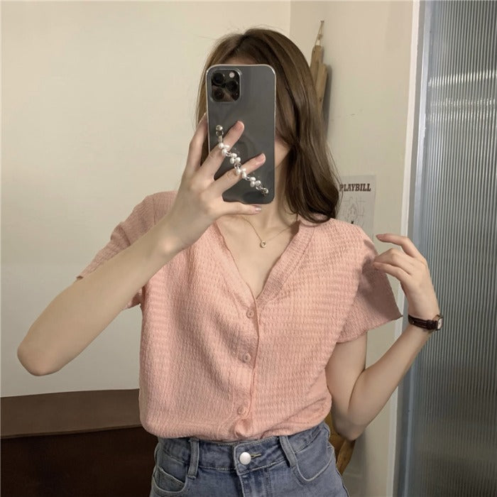 summer shirt female unique Short sleeve Design sense niche Advanced sense V-collar fold Chiffon little chap jacket loose coat