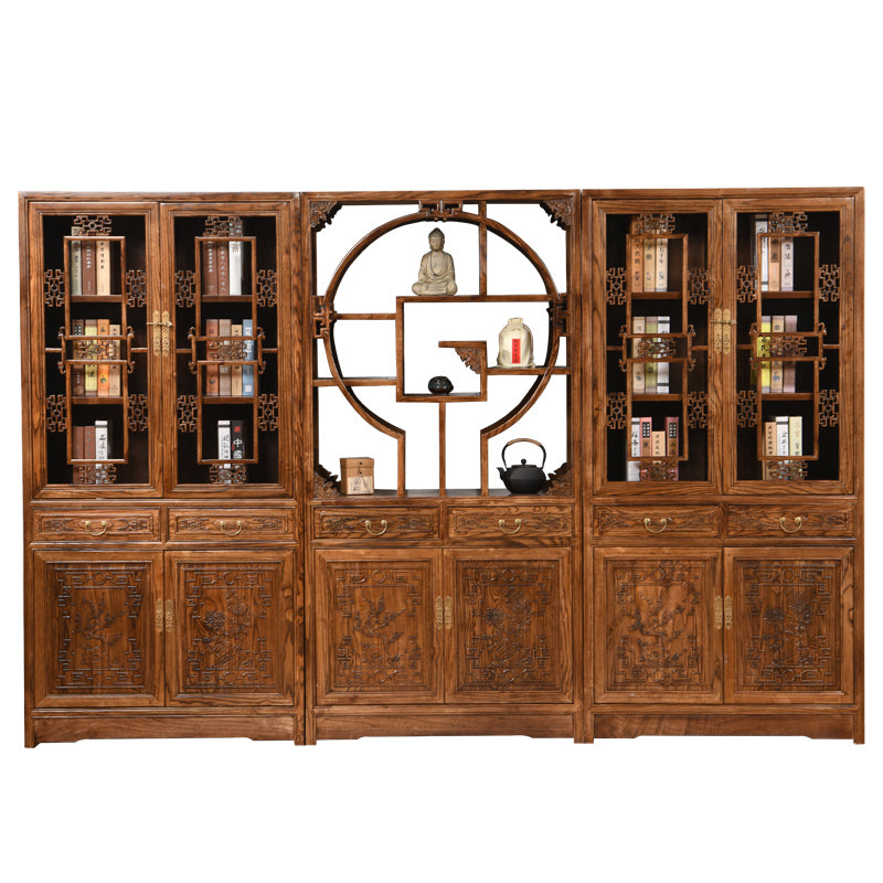 New Chinese style Bookcase Carving bookshelf solid wood to ground With door Study desk to fake something antique Three combinations Display cabinet Bookcase