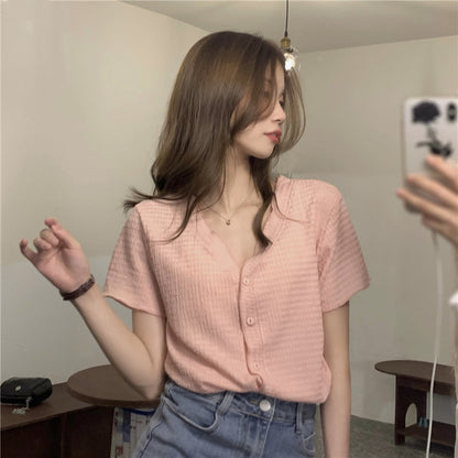 summer shirt female unique Short sleeve Design sense niche Advanced sense V-collar fold Chiffon little chap jacket loose coat