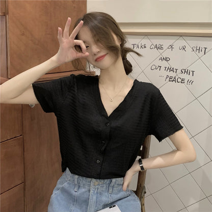summer shirt female unique Short sleeve Design sense niche Advanced sense V-collar fold Chiffon little chap jacket loose coat