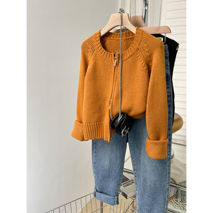 orange Double zipper knitting Cardigan female spring and autumn have cash less than that is registered in the accounts Long sleeve Soft waxy glutinous Raccoon cardigan loose coat Autumn and winter jacket