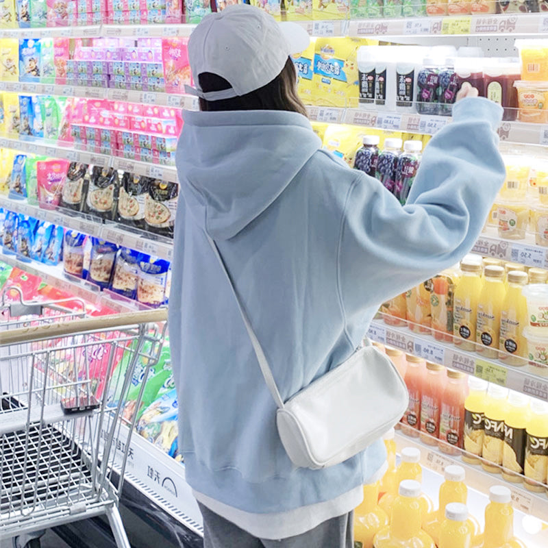 milk blue Plush Hooded Sweater female Autumn and winter Advanced sense Lazy wind leisure time over size winter thickening jacket