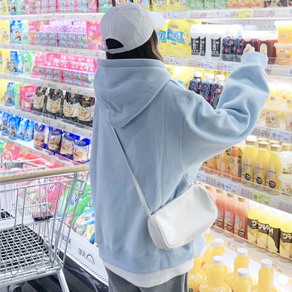 milk blue Plush Hooded Sweater female Autumn and winter Advanced sense Lazy wind leisure time over size winter thickening jacket