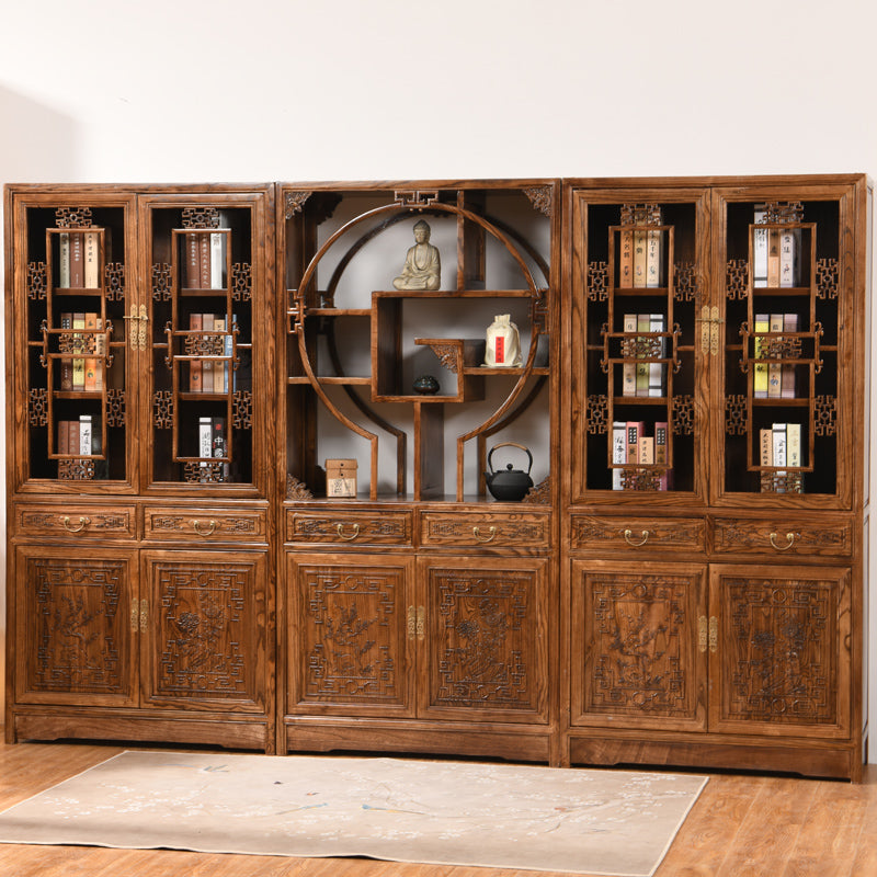 New Chinese style Bookcase Carving bookshelf solid wood to ground With door Study desk to fake something antique Three combinations Display cabinet Bookcase