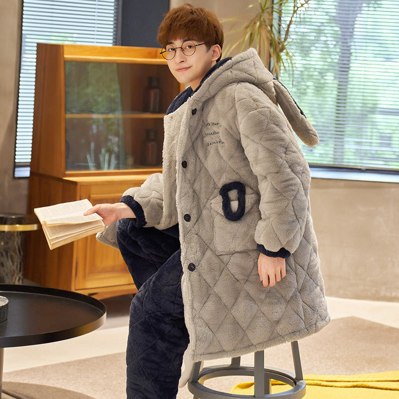 three layers Cotton clip pajamas man winter Plush thickening keep warm Coral velvet teenagers Super thick Flannel leisure wear