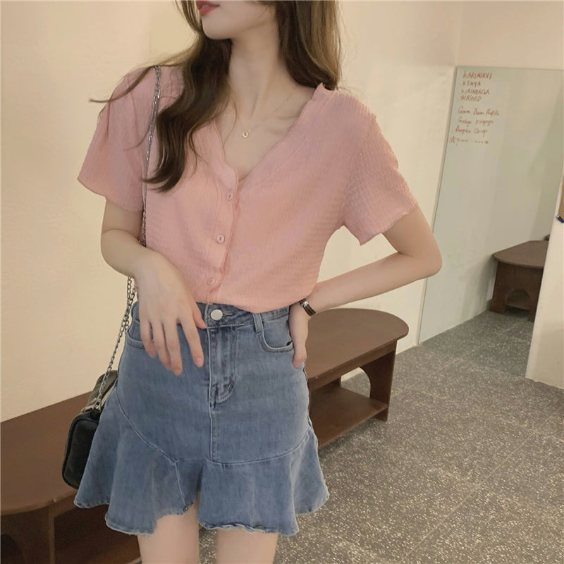 summer shirt female unique Short sleeve Design sense niche Advanced sense V-collar fold Chiffon little chap jacket loose coat