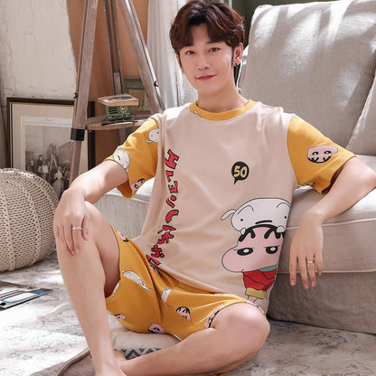 pajamas male summer Cartoon lovely pure cotton Short sleeve shorts new pattern man Can be worn out Home suit Plus Size