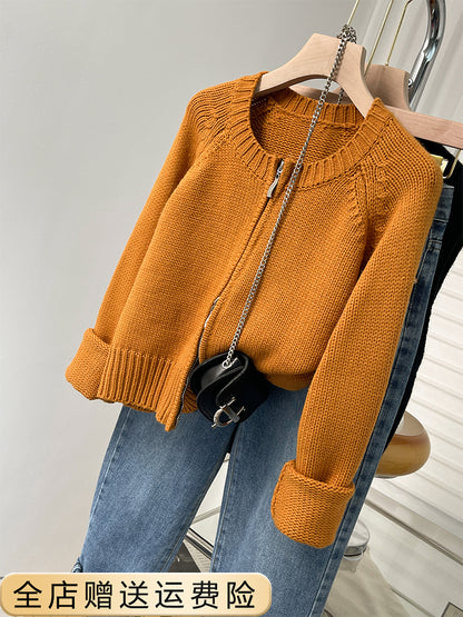 orange Double zipper knitting Cardigan female spring and autumn have cash less than that is registered in the accounts Long sleeve Soft waxy glutinous Raccoon cardigan loose coat Autumn and winter jacket