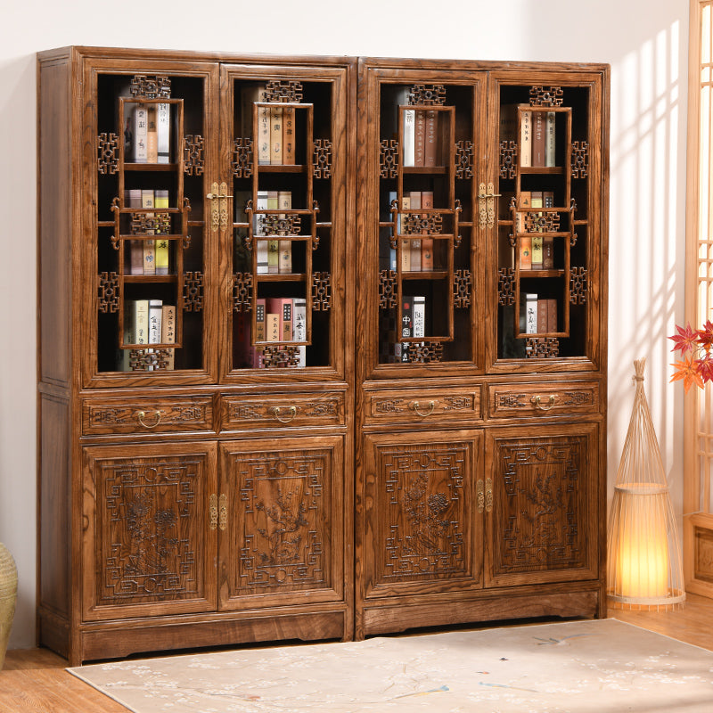 New Chinese style Bookcase Carving bookshelf solid wood to ground With door Study desk to fake something antique Three combinations Display cabinet Bookcase