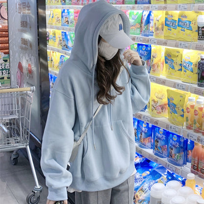 milk blue Plush Hooded Sweater female Autumn and winter Advanced sense Lazy wind leisure time over size winter thickening jacket