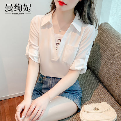 Fake two Short sleeve Chiffon shirt T-shirt female summer wear 2022 summer new pattern high-end ma'am pure cotton unique jacket