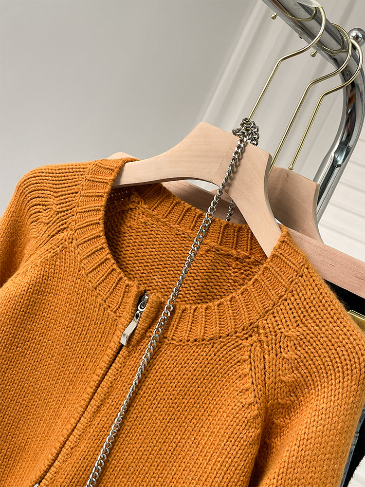 orange Double zipper knitting Cardigan female spring and autumn have cash less than that is registered in the accounts Long sleeve Soft waxy glutinous Raccoon cardigan loose coat Autumn and winter jacket