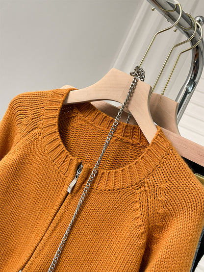 orange Double zipper knitting Cardigan female spring and autumn have cash less than that is registered in the accounts Long sleeve Soft waxy glutinous Raccoon cardigan loose coat Autumn and winter jacket