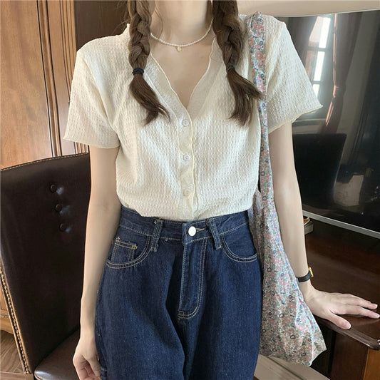 summer shirt female unique Short sleeve Design sense niche Advanced sense V-collar fold Chiffon little chap jacket loose coat