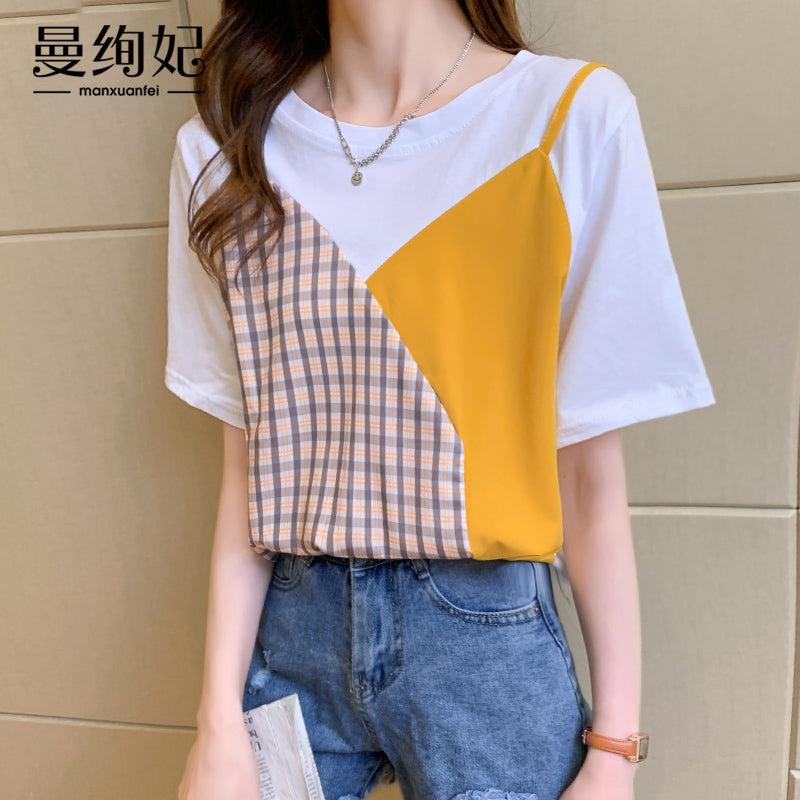 Fake two Short sleeve Chiffon shirt T-shirt female summer wear 2022 summer new pattern high-end ma'am pure cotton unique jacket