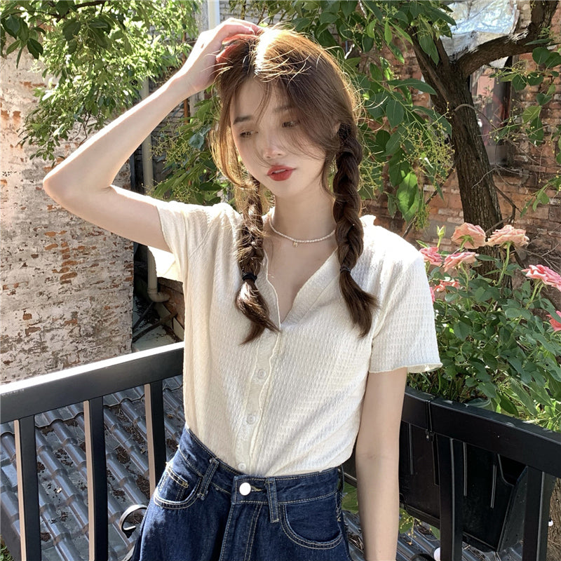 summer shirt female unique Short sleeve Design sense niche Advanced sense V-collar fold Chiffon little chap jacket loose coat