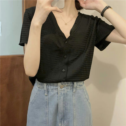 summer shirt female unique Short sleeve Design sense niche Advanced sense V-collar fold Chiffon little chap jacket loose coat