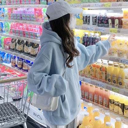 milk blue Plush Hooded Sweater female Autumn and winter Advanced sense Lazy wind leisure time over size winter thickening jacket