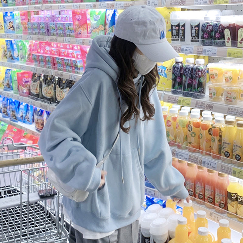 milk blue Plush Hooded Sweater female Autumn and winter Advanced sense Lazy wind leisure time over size winter thickening jacket
