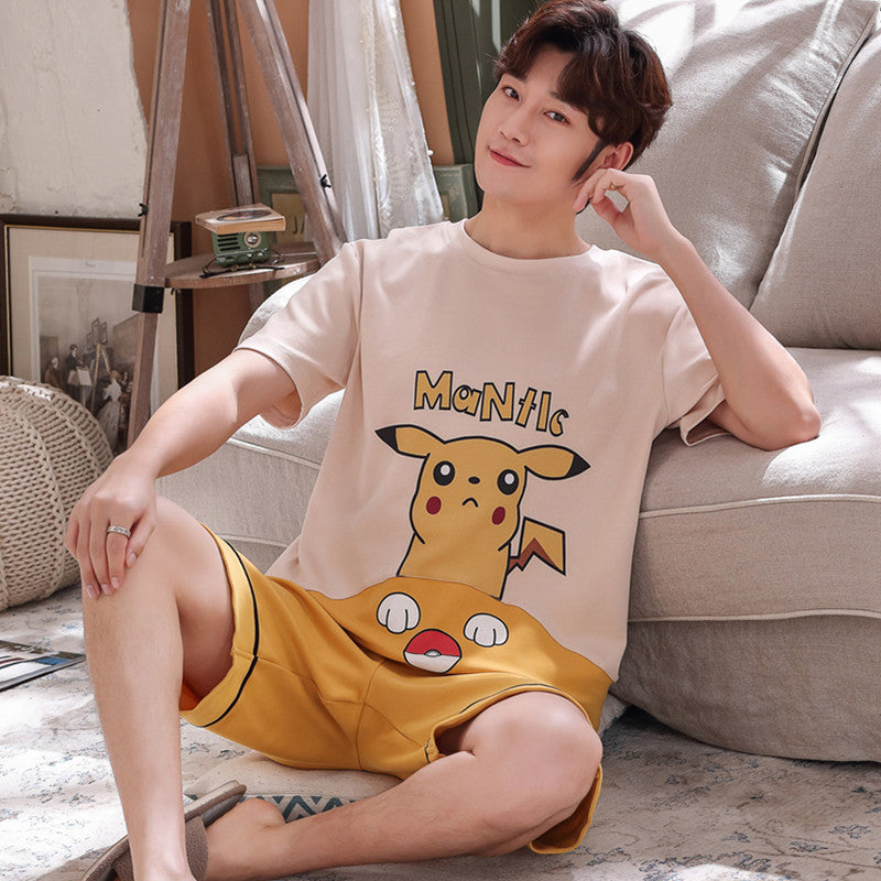 pajamas male summer Cartoon lovely pure cotton Short sleeve shorts new pattern man Can be worn out Home suit Plus Size