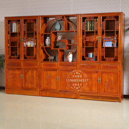 New Chinese style Bookcase Carving bookshelf solid wood to ground With door Study desk to fake something antique Three combinations Display cabinet Bookcase
