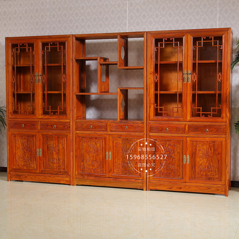 New Chinese style Bookcase Carving bookshelf solid wood to ground With door Study desk to fake something antique Three combinations Display cabinet Bookcase
